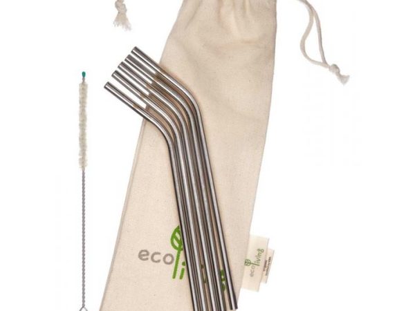 Ecoliving Stainless Steel Bent Drinking Straw and Pouch - 5 Pack