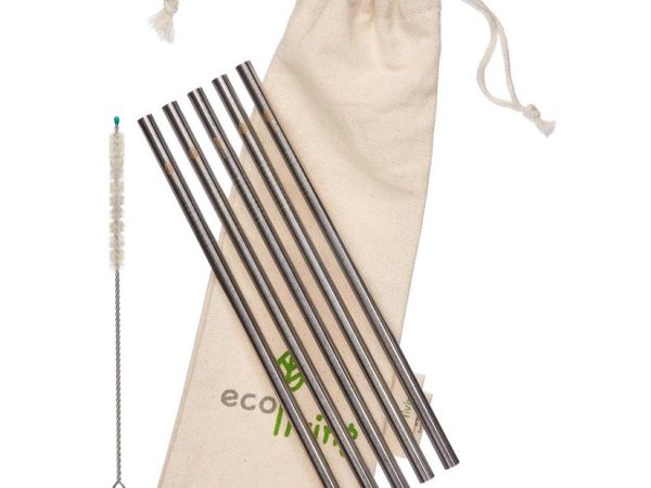 Ecoliving Stainless Steel Straight Drinking Straw and Pouch - 5 Pack