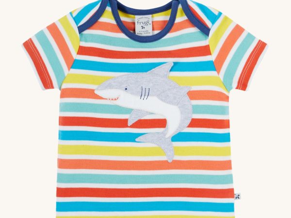 Frugi Bobster Applique T-Shirt - Sea Rainbow Stripe / Shark