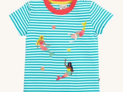 Frugi Ennis Embroidered T-Shirt - Moss Stripe / Mermaids