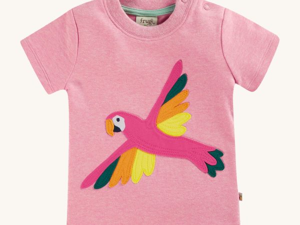 Frugi Organic Little Creature Applique T-Shirt - Pink Marl / Macaw