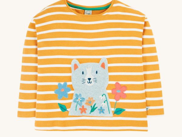 Frugi Tori Applique Top - Gold Breton Stripe/Cat