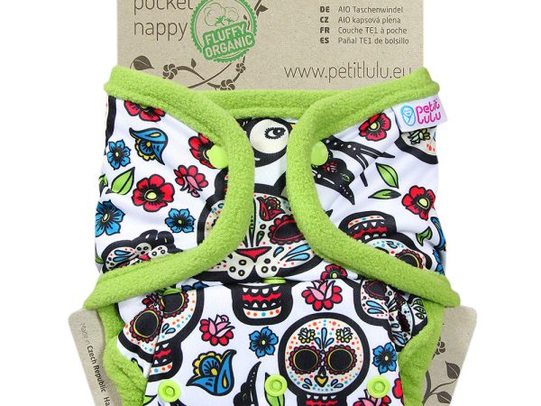 Petit Lulu AIO Pocket Nappy Snaps - Mexican Skulls (on white)