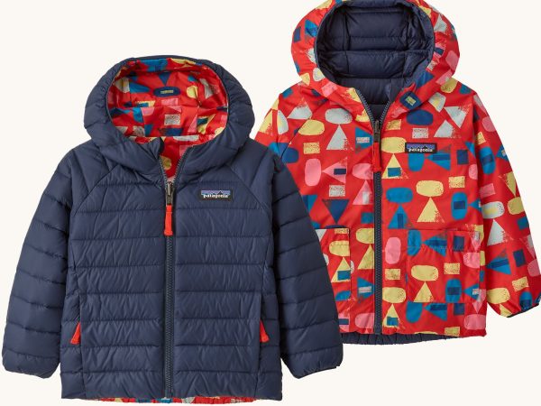 Patagonia Little Kids Reversible Down Sweater Hoody - Forest Being / Sizzle Red