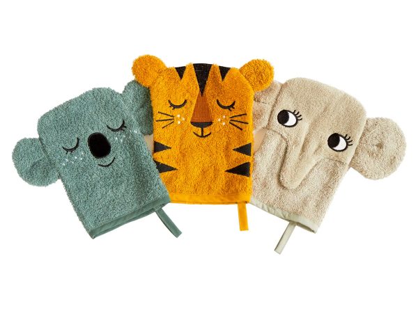 Roommate Baby Organic Wash Gloves 3 Pack - Koala, Tiger & Elephant