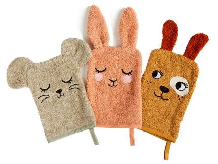 Roommate Baby Organic Wash Gloves 3 Pack - Bunny, Mouse & Dog
