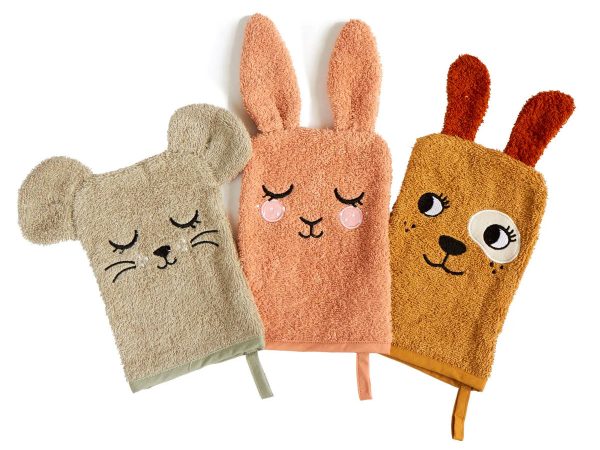 Roommate Baby Organic Wash Gloves 3 Pack - Bunny, Mouse & Dog