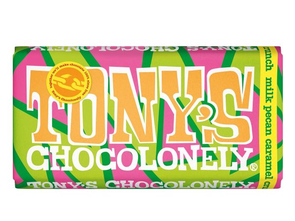 Tony's Chocolonely Fairtrade Milk Chocolate Pecan Caramel Crunch Bar 180g